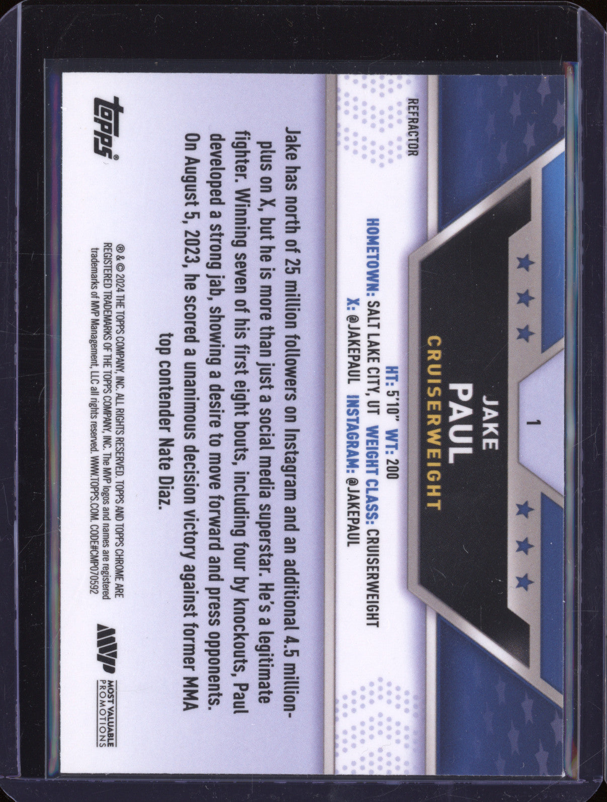 Jake Paul 2024 Topps Boxing Chrome 1 Refractor