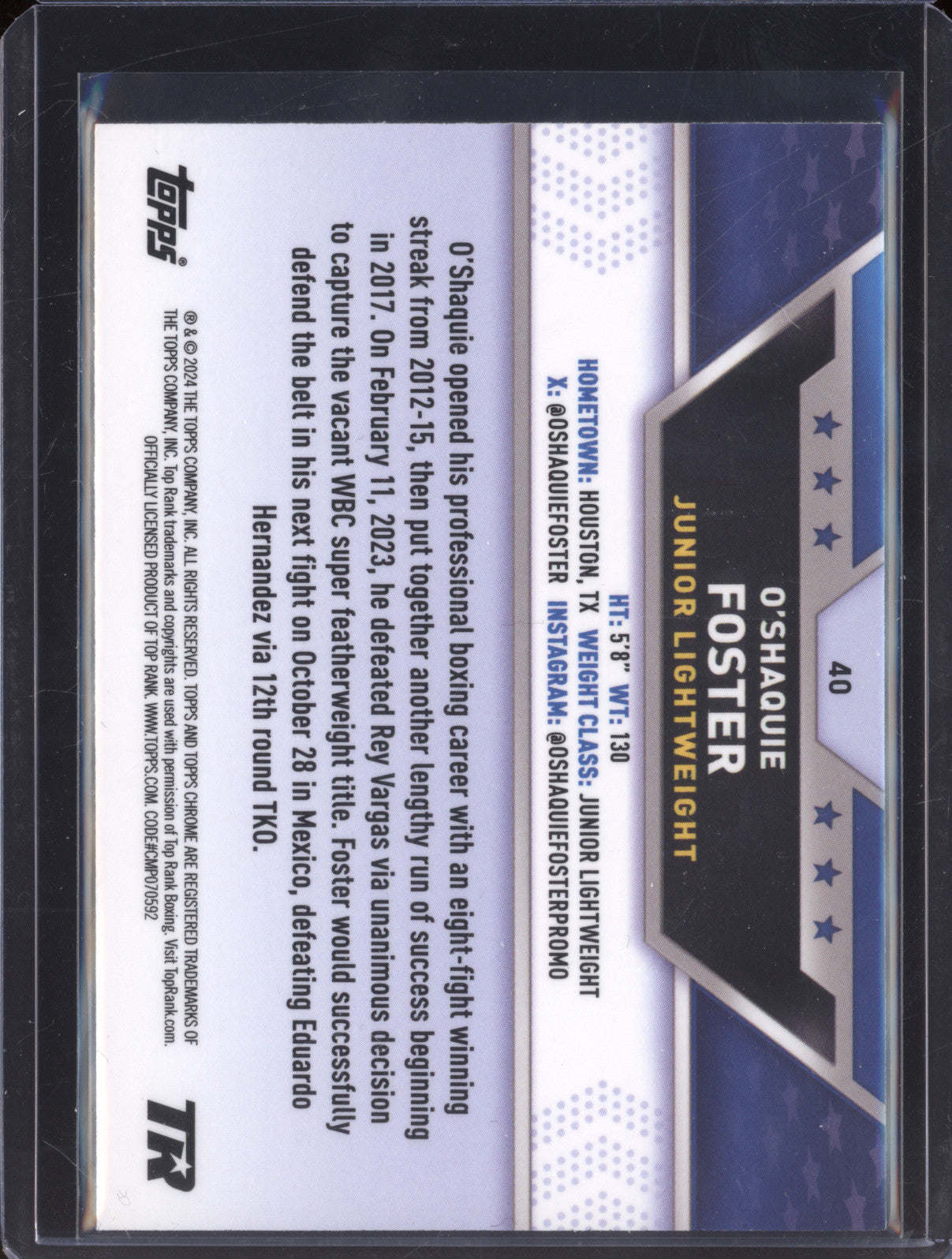 O'Shaquie Foster 2024 Topps Boxing Chrome 40 Blue Refractor 115/125