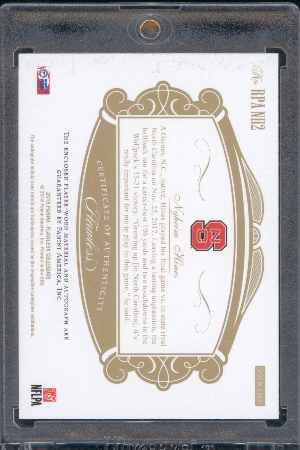 Nyheim Hines 2018 Panini Flawless Collegiate Logo RPA 1/1 RC NC State
