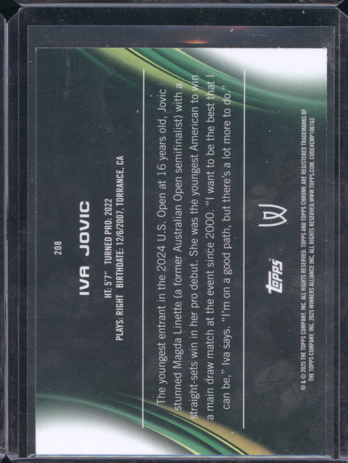 Iva Jovic 2025 Topps Chrome Tennis #208 RC Green 15/99
