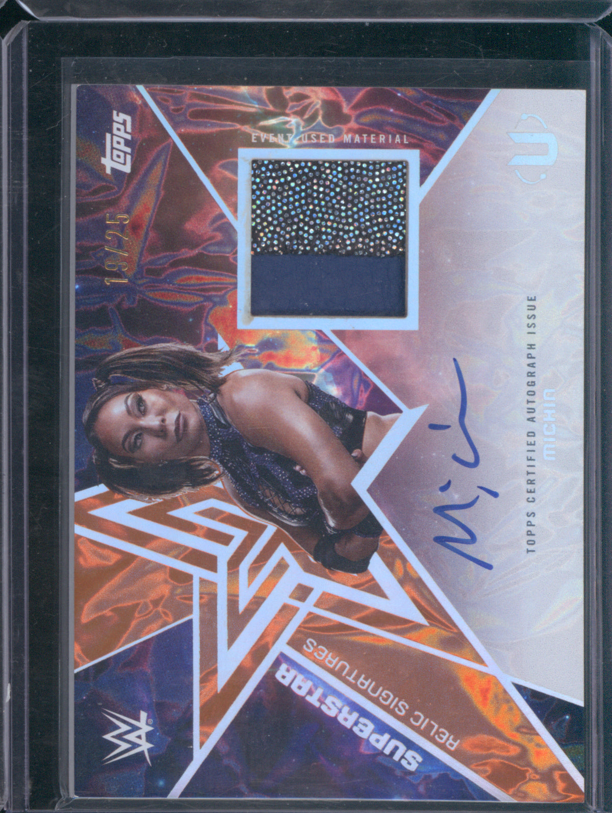 Michin 2025 Topps WWE Universe #SRS-MIC Superstar Relic Signatures Orange Warp /25