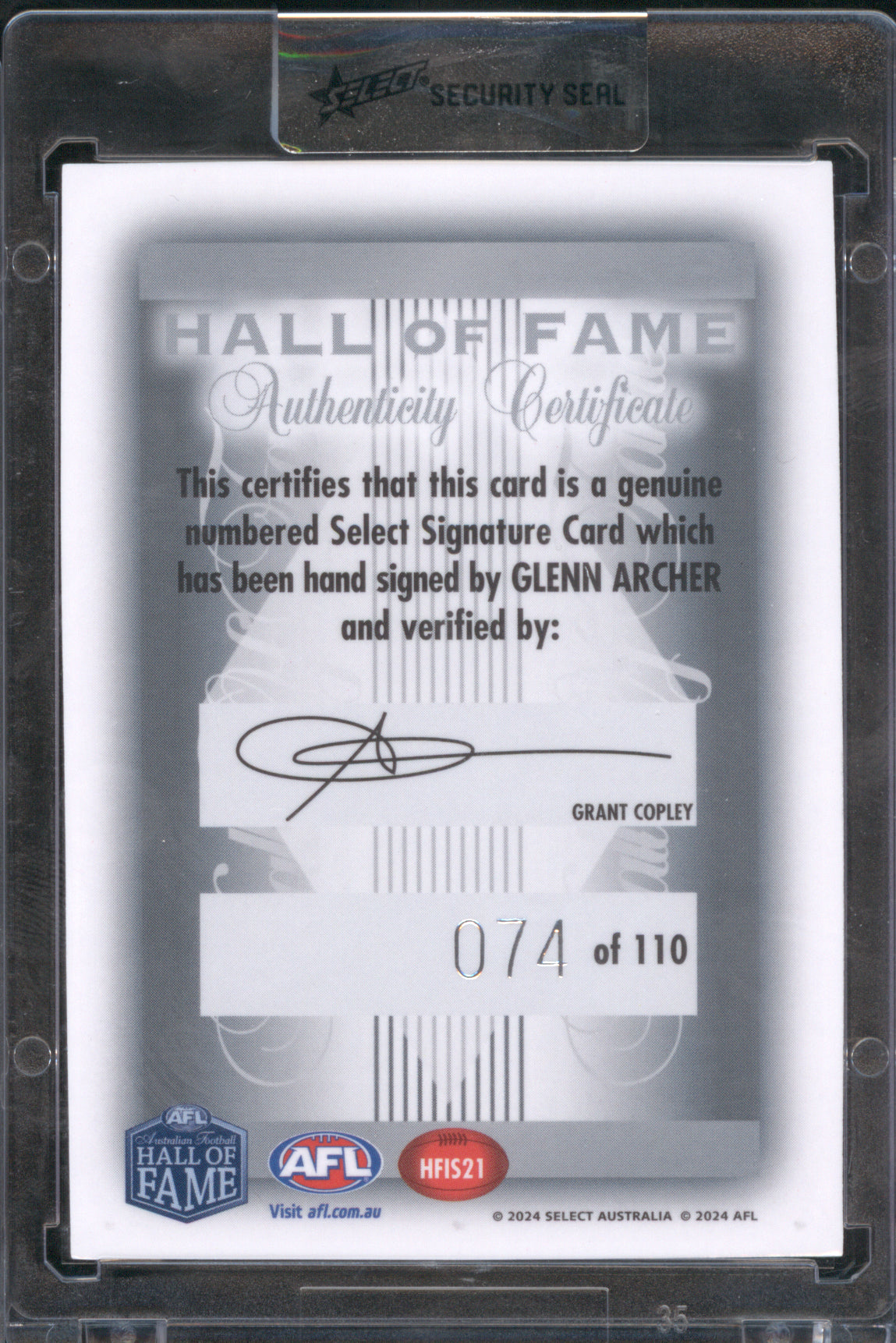Glenn Archer 2024 AFL Select Legacy Hall of Fame Signature 074/110