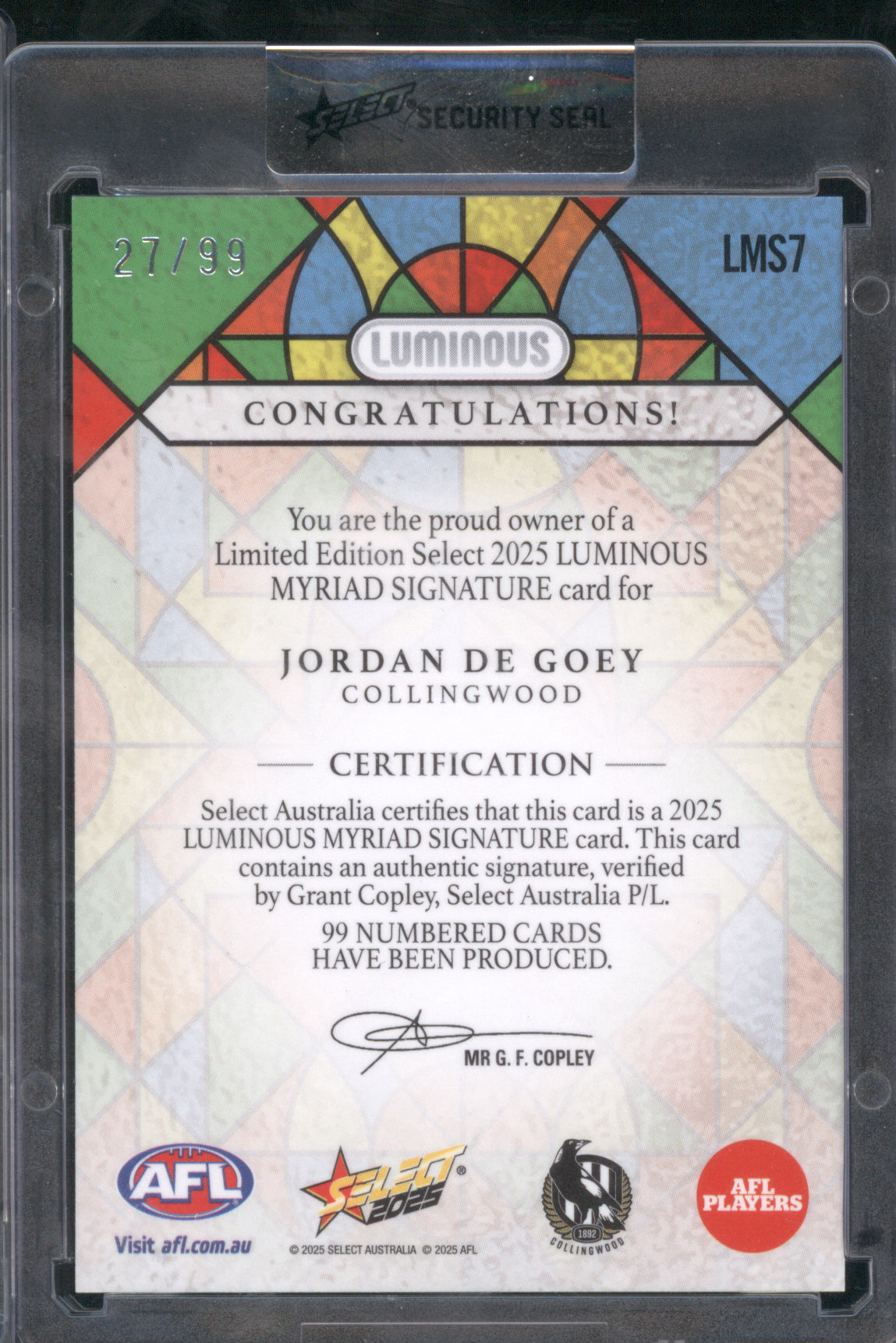 Jordan De Goey 2025 AFL Select Footy Stars Luminous Myriad Signature LMS7 27/99