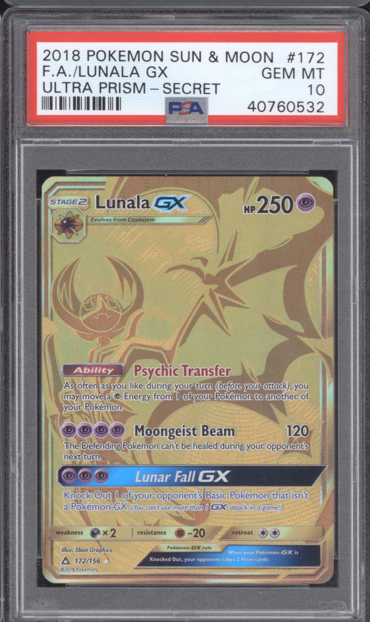 Lunala GX 2018 Pokemon Ultra Prism 172 Secret Rare PSA 10