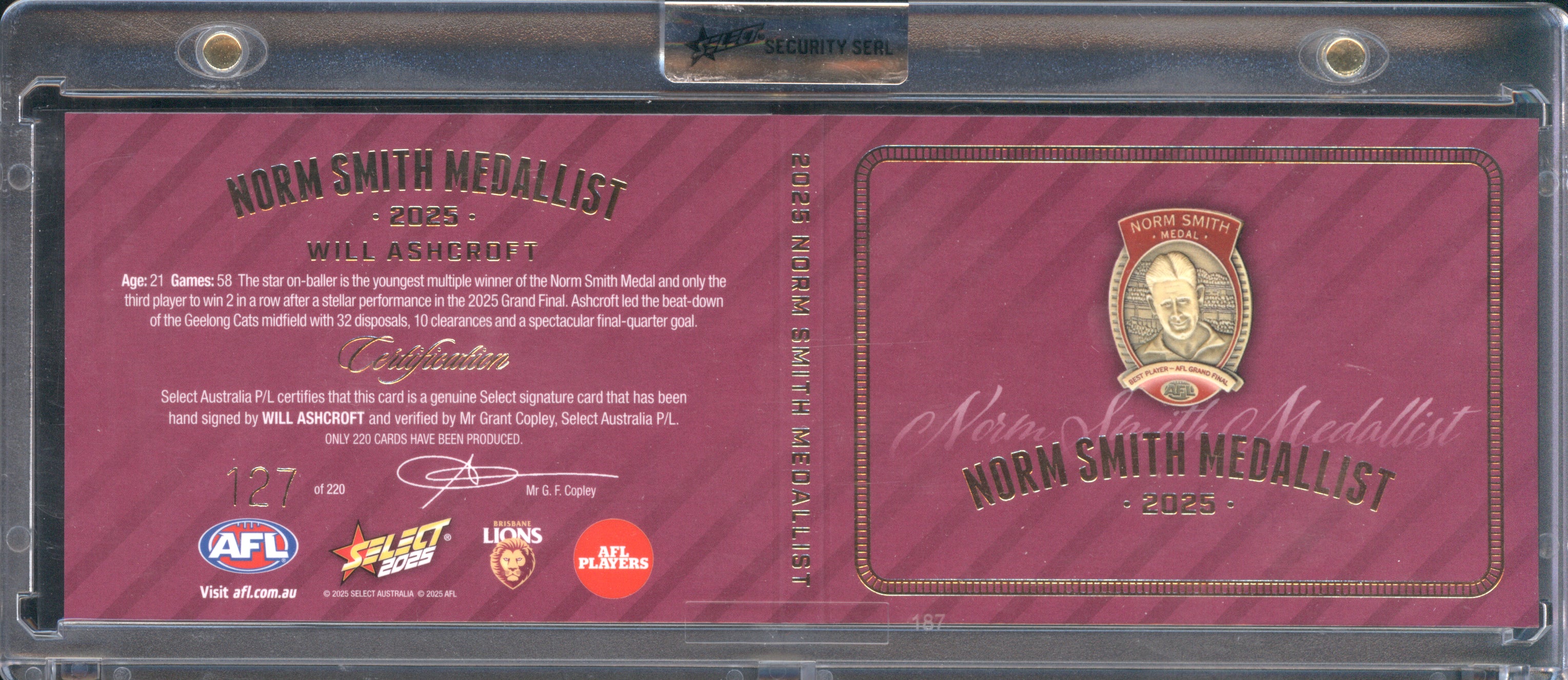 Will Ashcroft 2025 AFL Select Footy Stars Norm Smith Medallist Signature NPSG2 127/220
