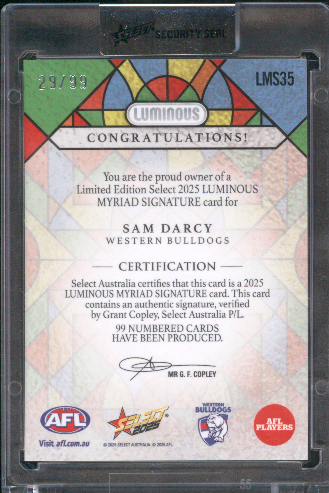 Sam Darcy 2025 AFL Select Footy Stars Luminous Myriad Signature LMS35 29/99