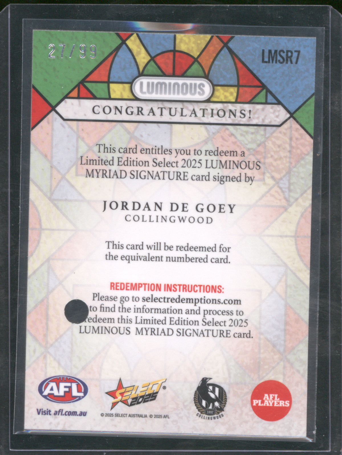 Jordan De Goey 2025 AFL Select Footy Stars Luminous Myriad Signature LMS7 27/99