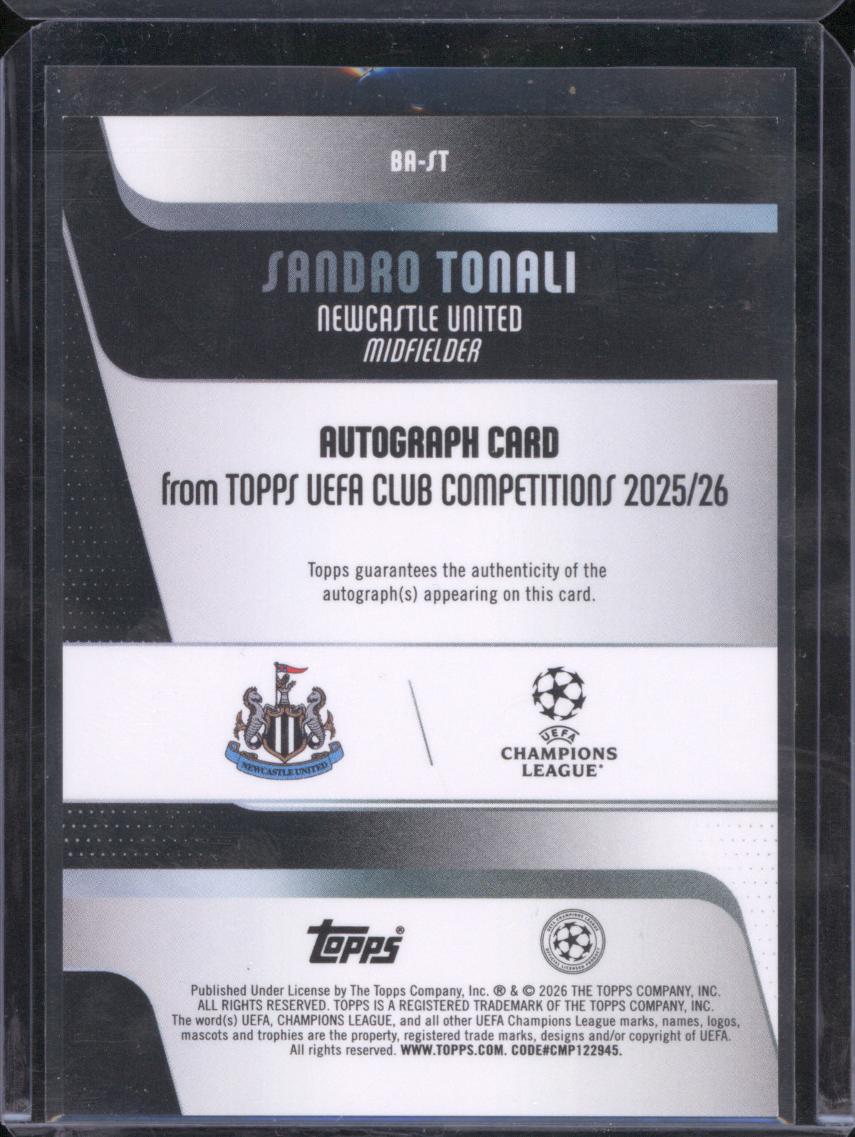 Sandro Tonali 2025 Topps UEFA Club Competitions #BA-ST Base Autograph