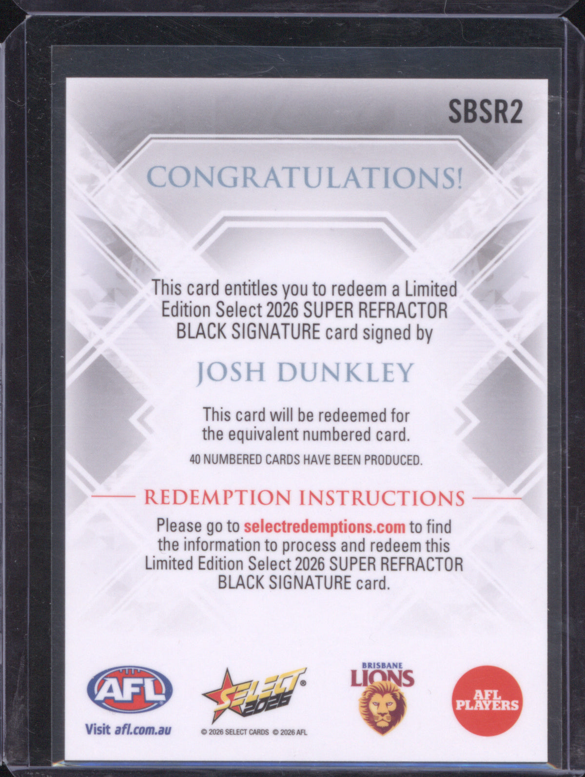 Josh Dunkley 2026 AFL Select Footy Stars Hobby SBSR2 Silver Blend Refractor Signature Redemption Brisbane 12/40