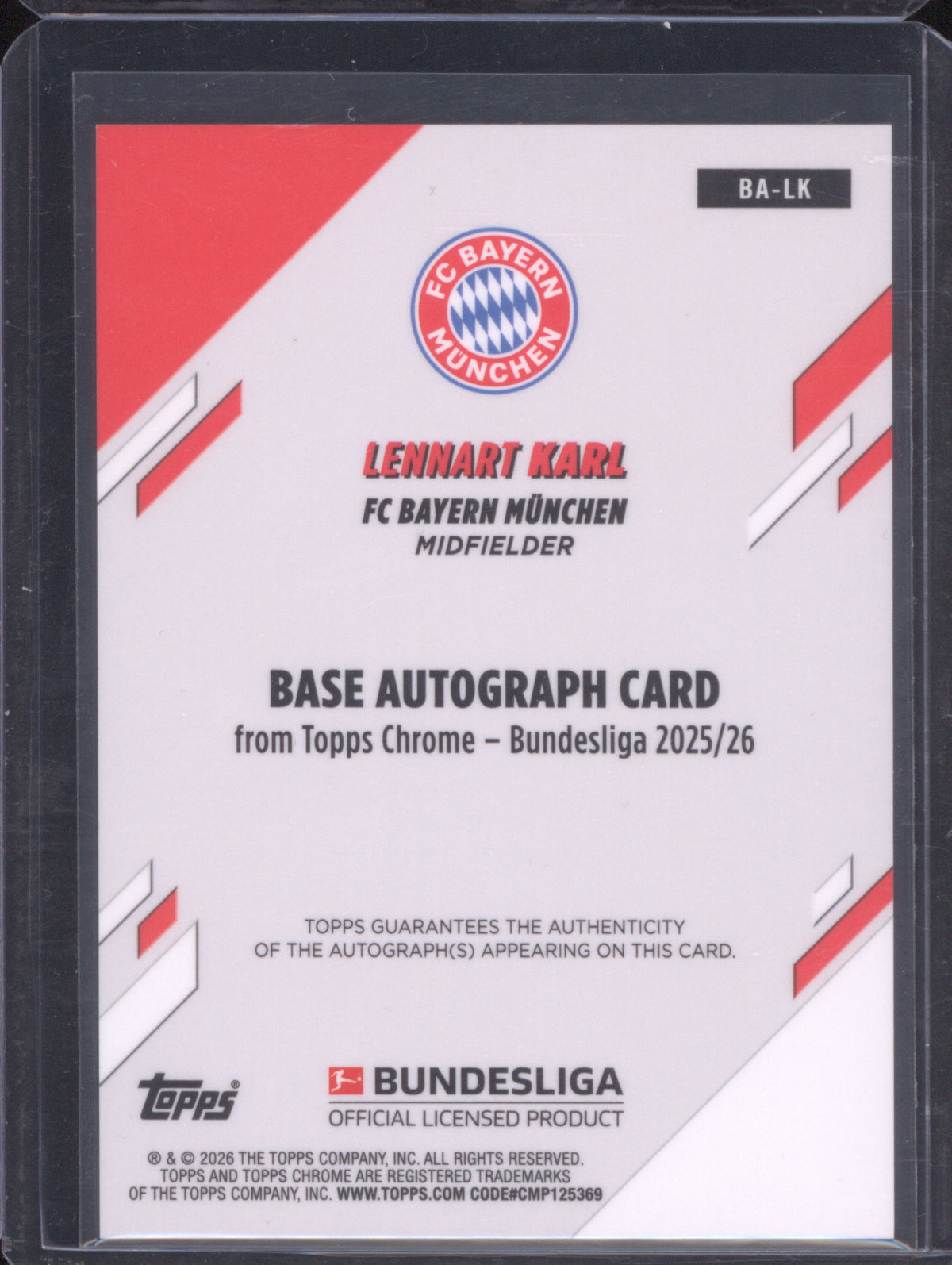 2025-26 Topps Chrome Bundesliga BA-LK Lennart Karl Orange Wave Auto 13/25 RC