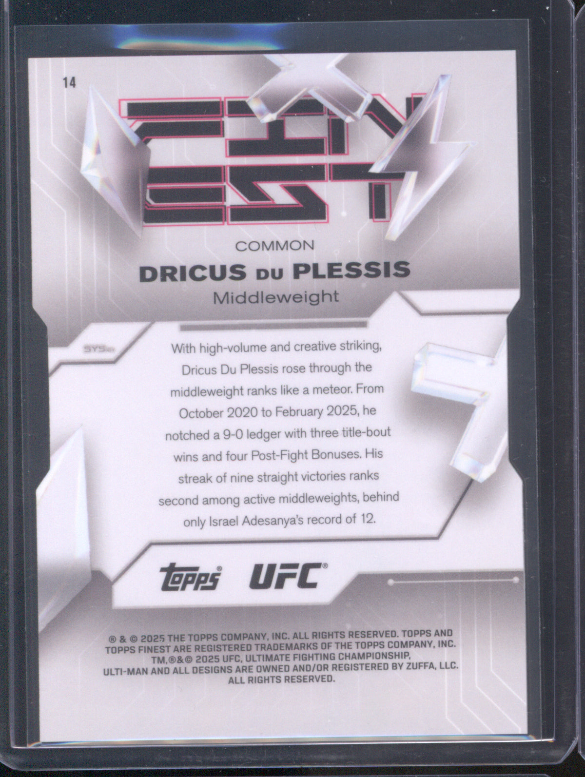 Dricus Du Plessis 2025 Topps Topps Finest UFC #14 Die-Cut Refractor /75