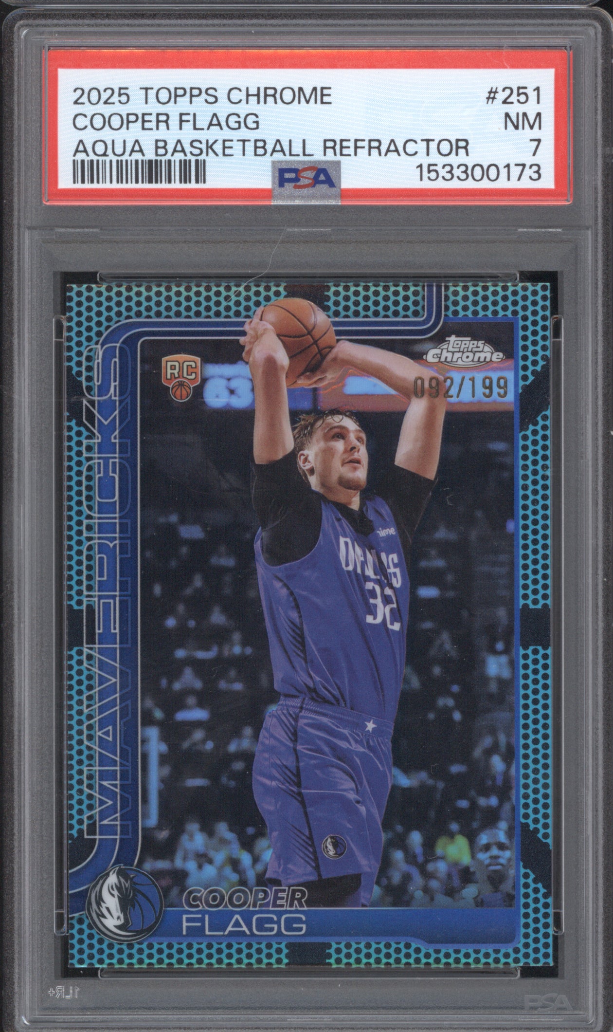 Cooper Flagg 2025 Topps Chrome 251 Aqua Basketball Refractor RC /199 PSA 7