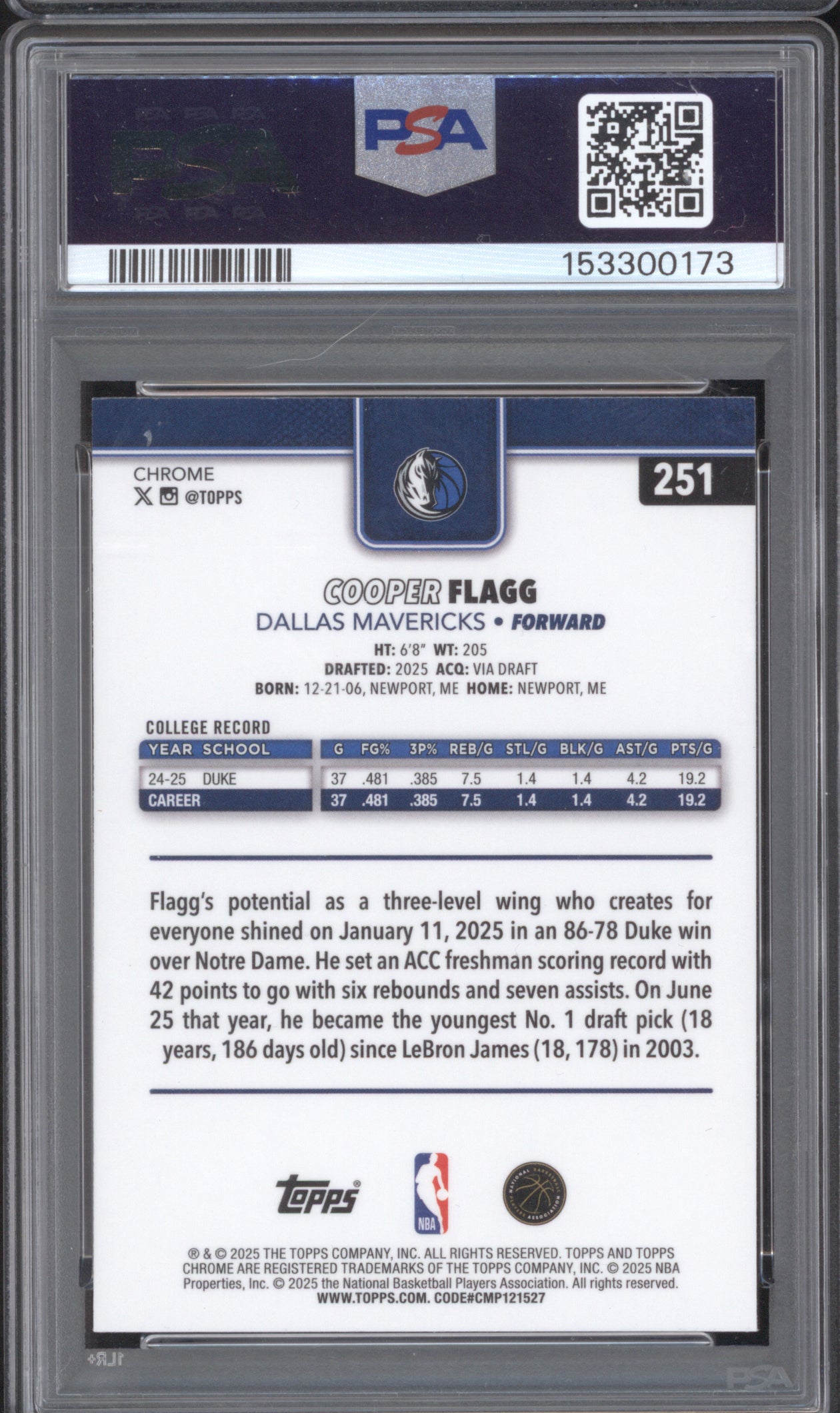 Cooper Flagg 2025 Topps Chrome 251 Aqua Basketball Refractor RC /199 PSA 7