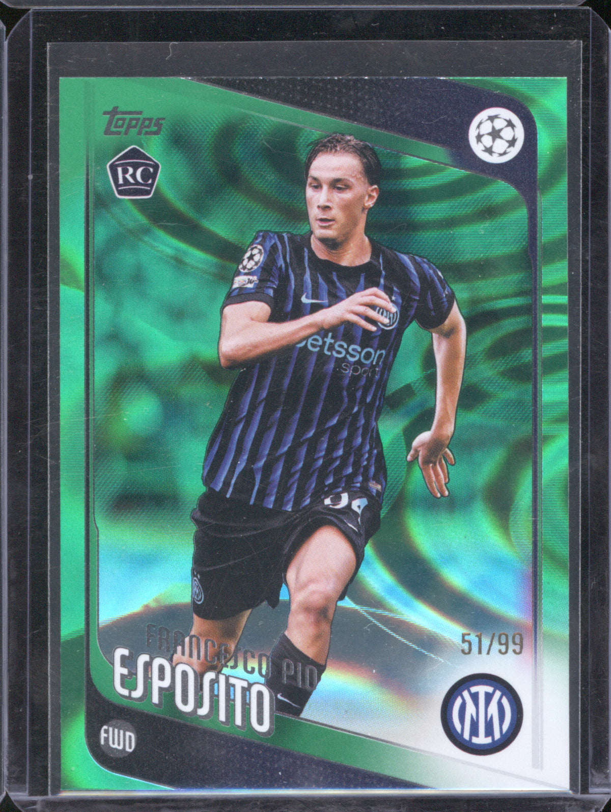 Francesco Pio Esposito 2025 Topps UEFA Club Competitions #163 Green Foil Raindrops /99 RC