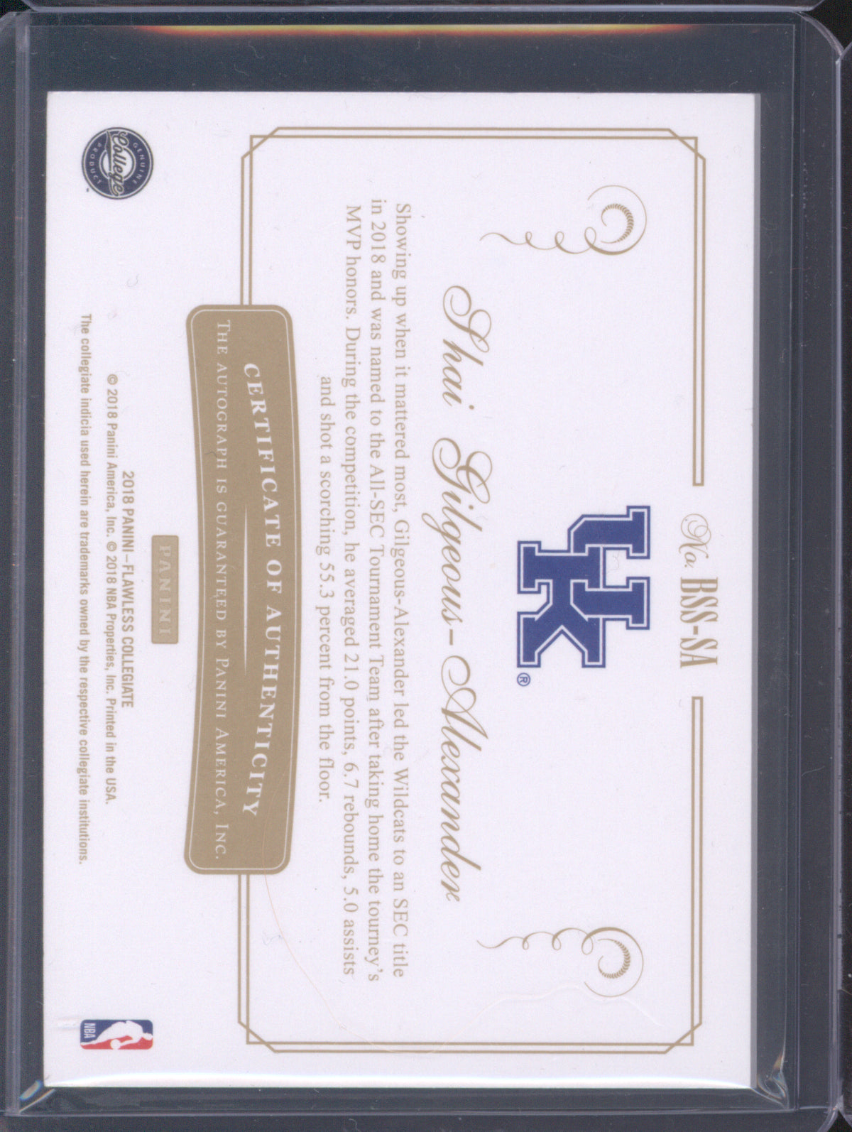 Shai Gilgeous-Alexander 2018 Panini Flawless Collegiate Rookie Team Auto /20