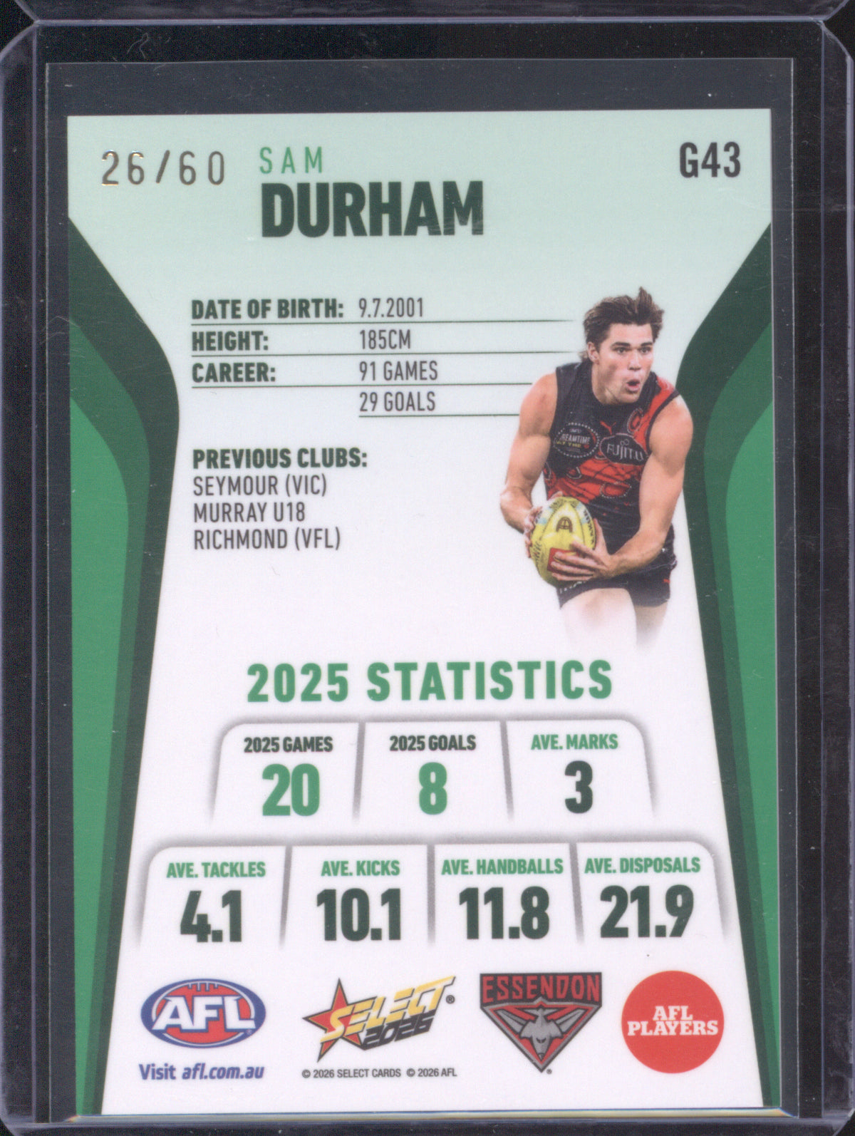 Sam Durham 2026 AFL Select Footy Stars Hobby Base Green Foil G43 Essendon 26/60