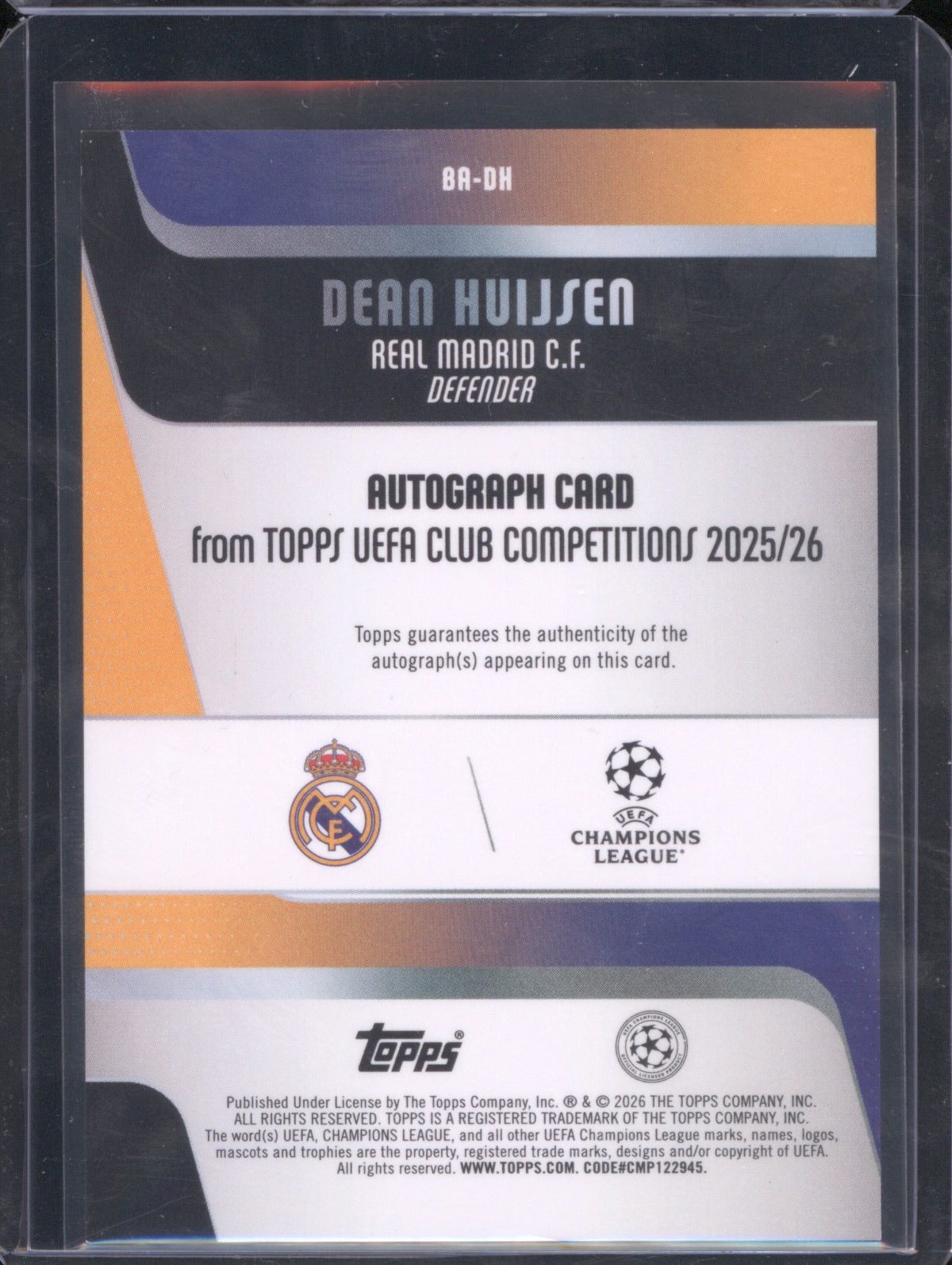 Dean Huijsen 2025 Topps UEFA Club Competitions #BA-DH Gold Auto /50