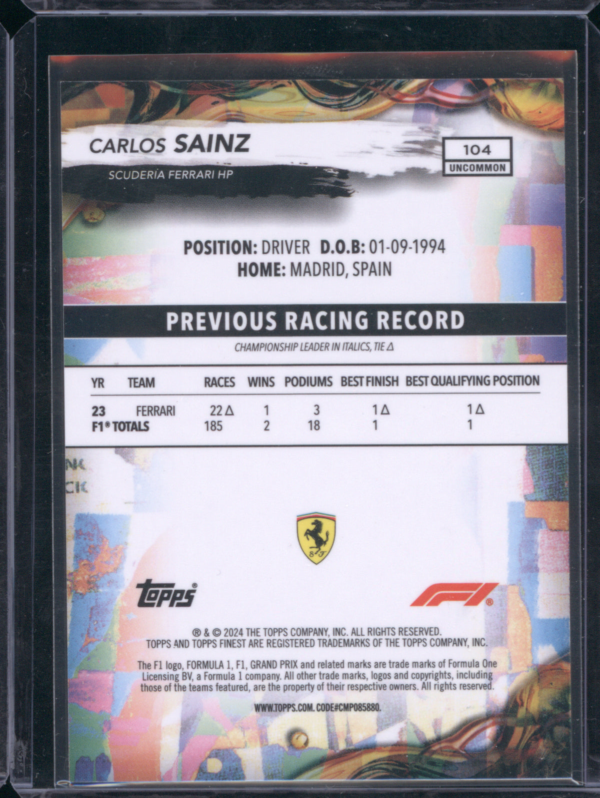 Carlos Sainz 2024 Topps Finest Formula 1 #104 Black Refractors /25