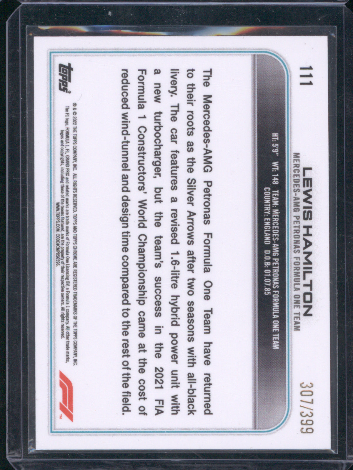 Lewis Hamilton 2022 Topps Chrome Formula 1 #111 Purple Refractors /399
