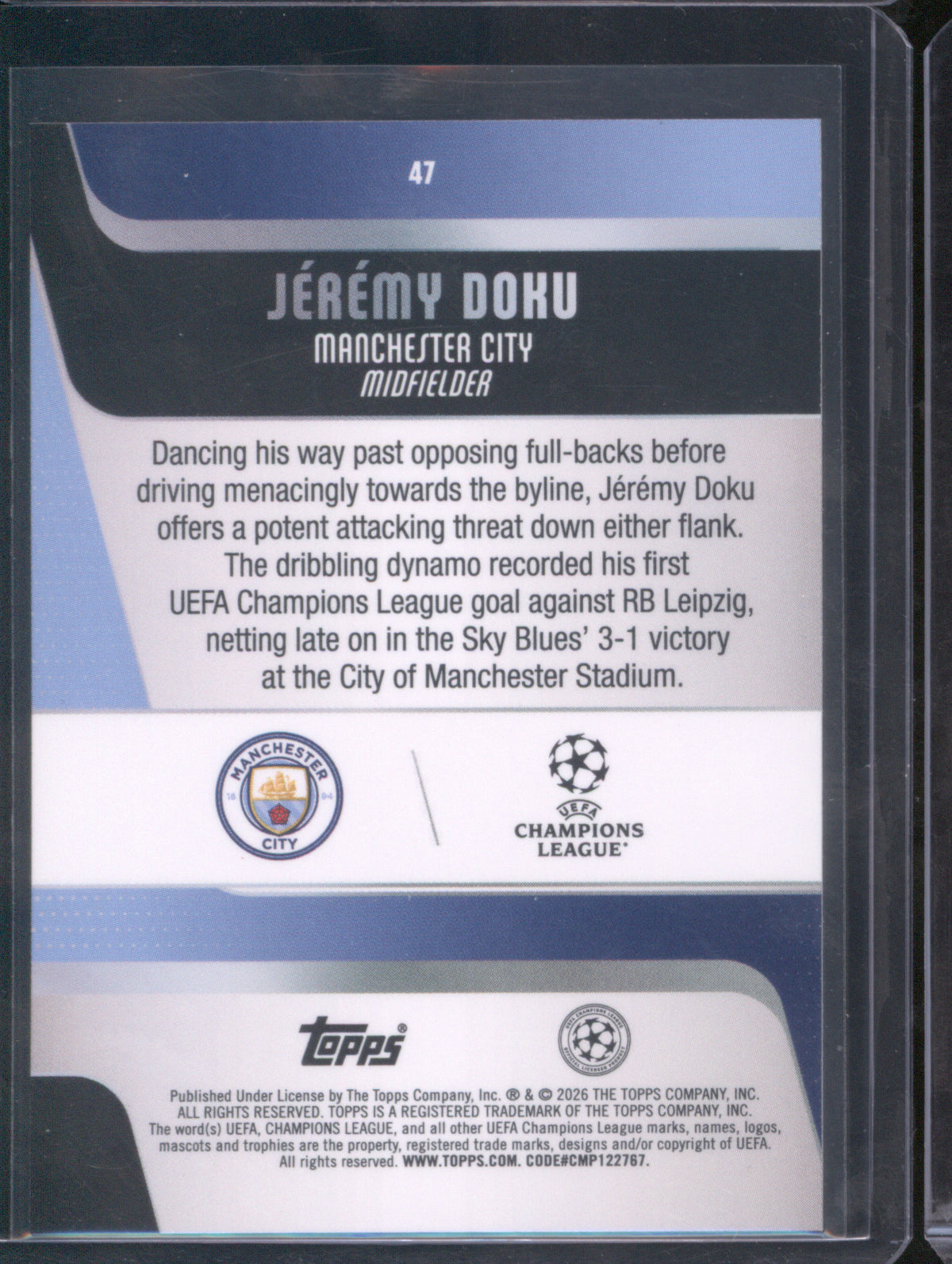Jeremy Doku 2025 Topps UEFA Club Competitions #47 Blue Foil /150