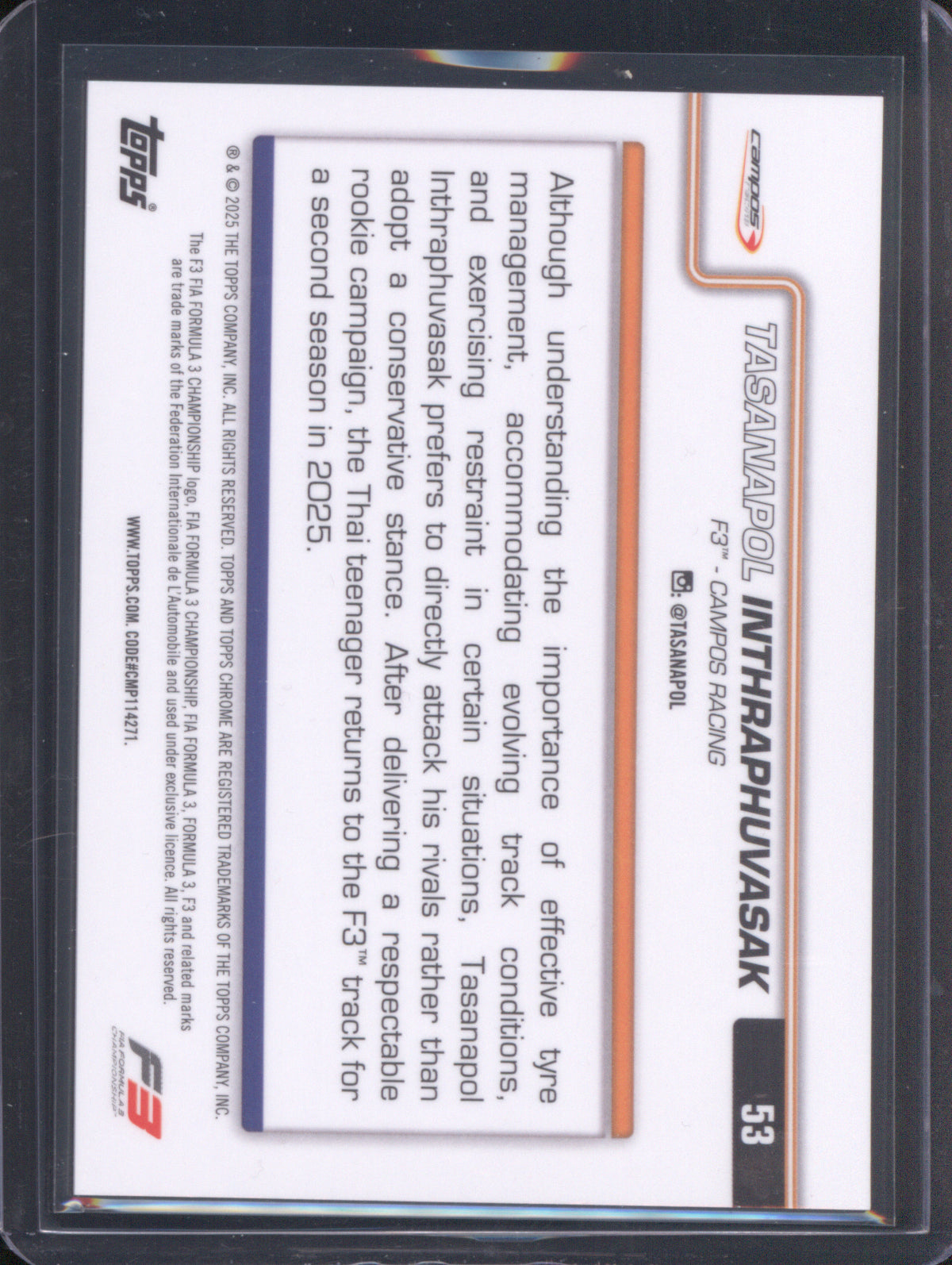 Tasanapol Inthraphuvasak 2025 Topps Chrome Formula 1 53 Gold Refractor /50
