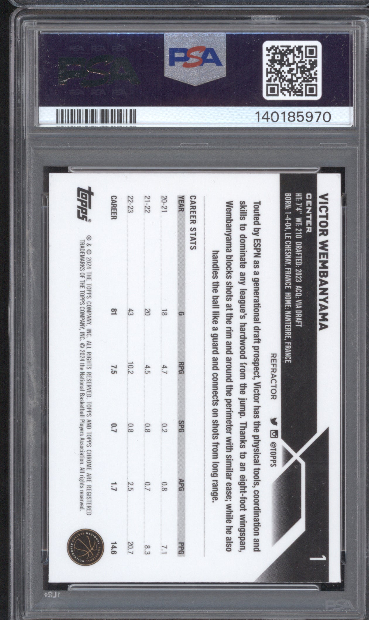 Victor Wembanyama 2023 Topps Chrome 1 Refractor RC PSA 10 ASR