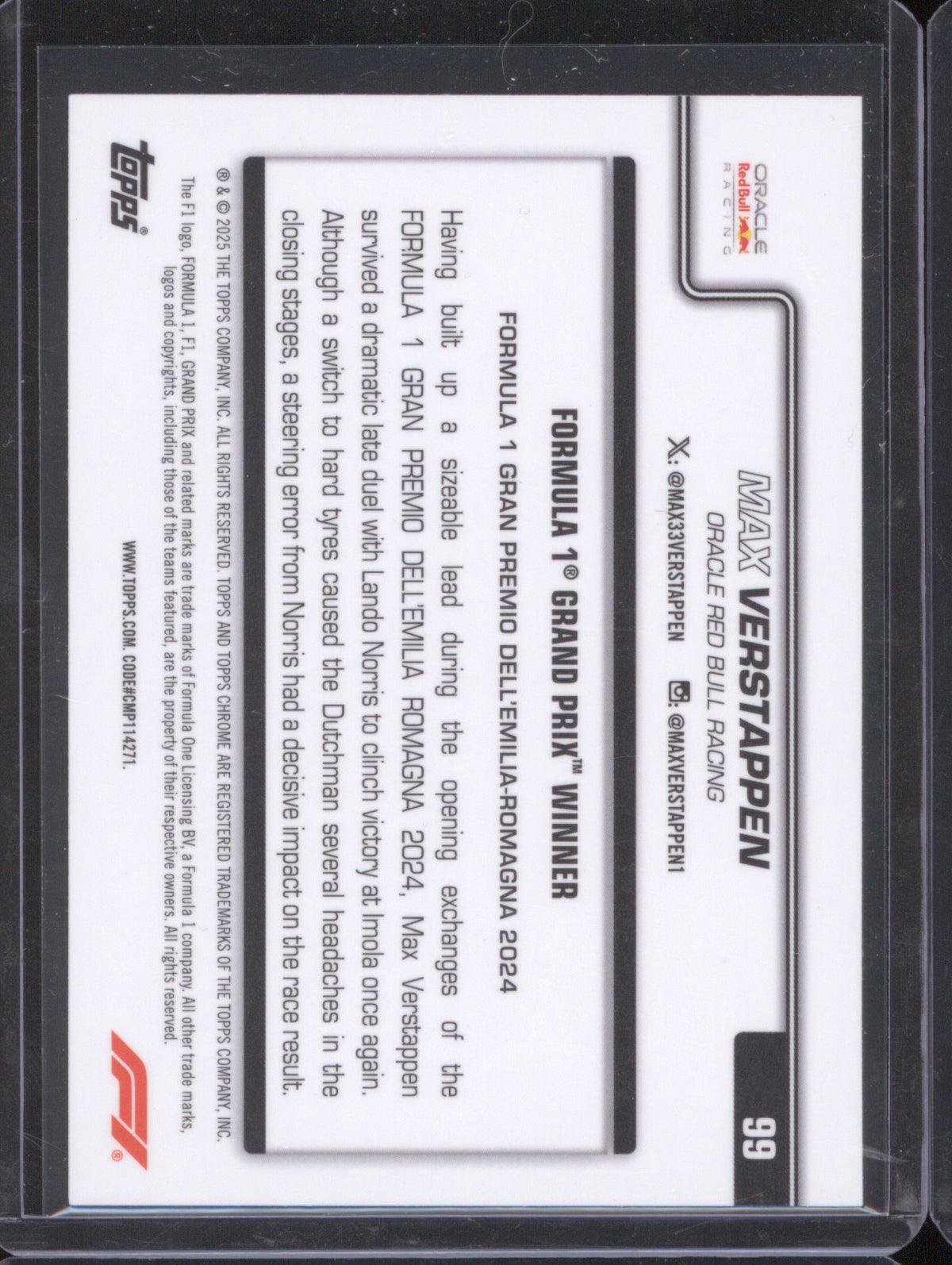 Max Verstappen 2025 Topps Chrome Formula 1 #99 Grand Prix Winner Green Checker Flag /99