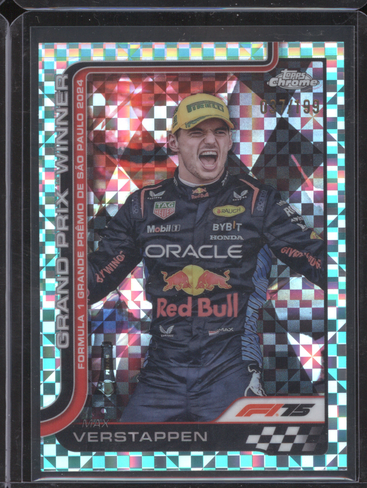 Max Verstappen 2025 Topps Chrome Formula 1 #037 Grand Prix Winner Aqua Checker Flag /199