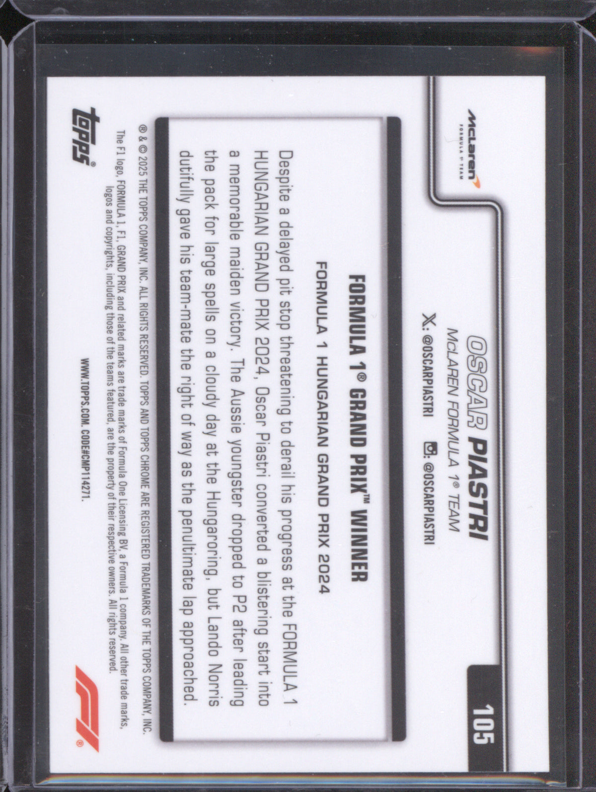 Oscar Piastri 2025 Topps Chrome Formula 1 #105 Grand Prix Winner Pink Checker Flag /250