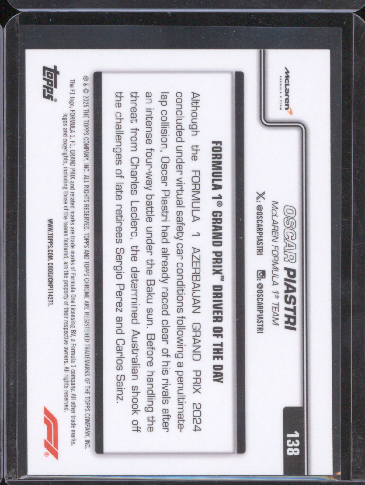 Oscar Piastri 2025 Topps Chrome Formula 1 Grand Prix 2024 #138 Green Checker Flag /99