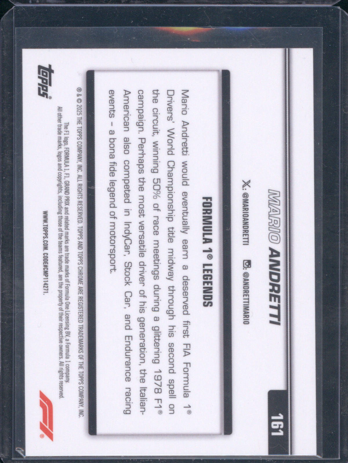 Mario Andretti 2025 Topps Chrome Formula 1 #161 Legends Aqua Refractor /199