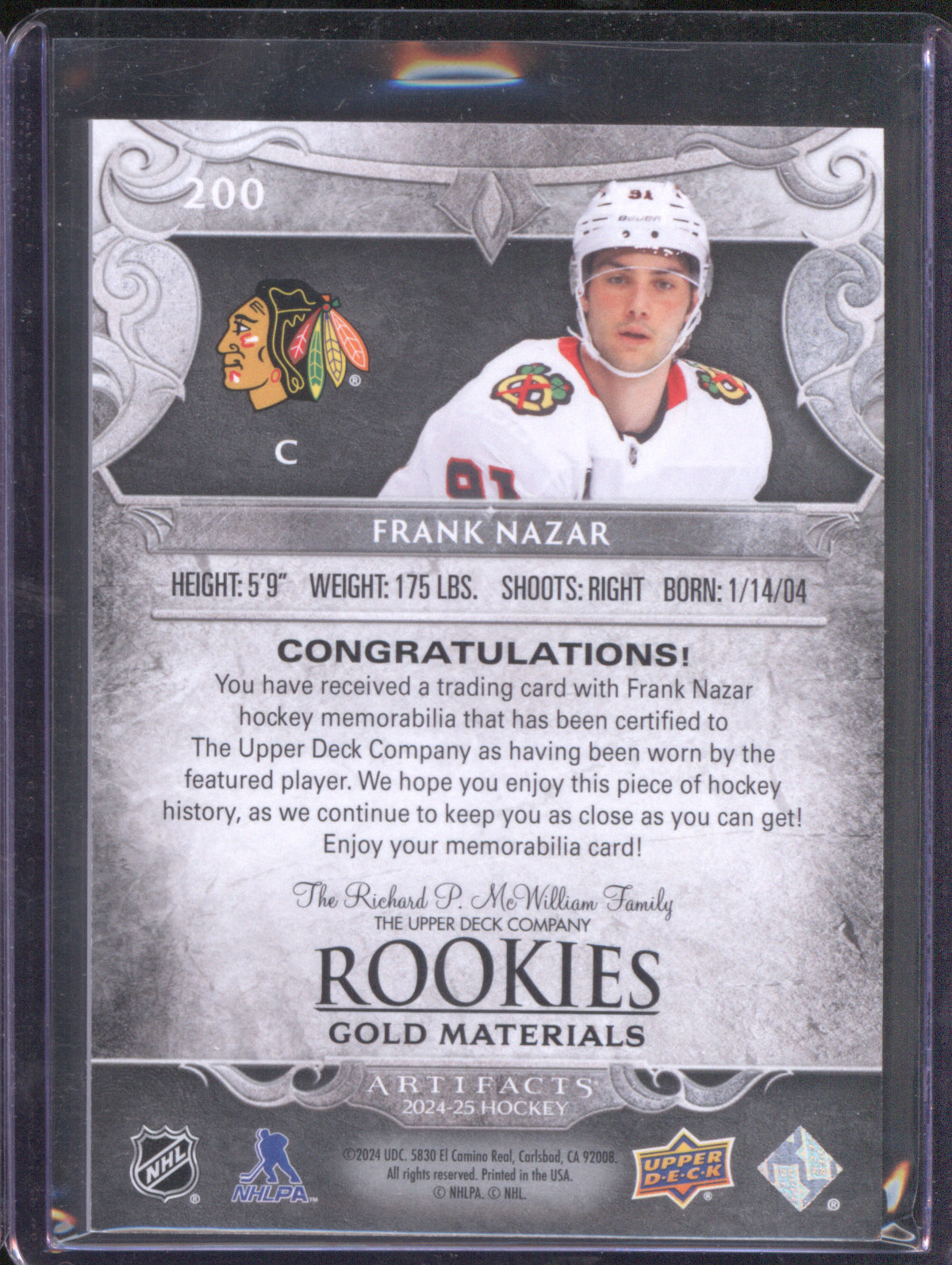 Frank Nazar 2024 Upper Deck Artifacts #200 Artifacts Rookies Gold Dual Patch /499