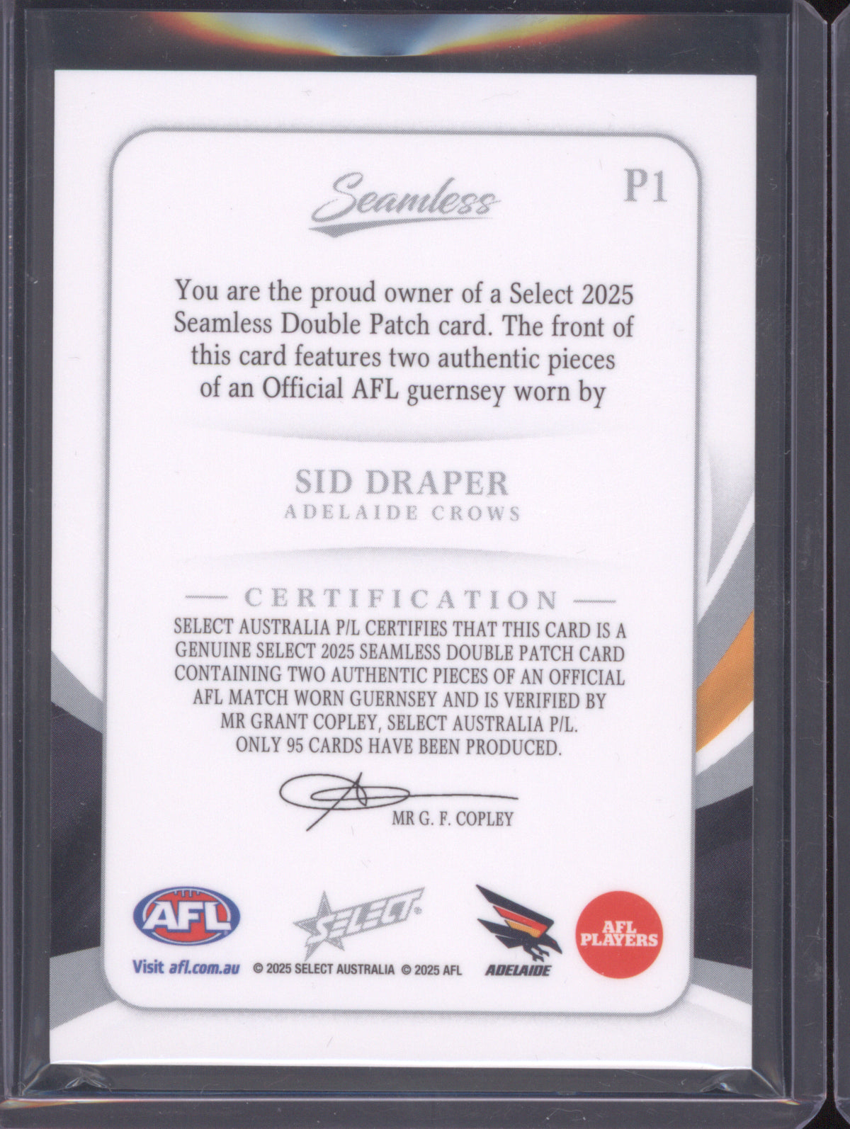 2025 AFL Select Seamless Solo Double Patch Sid Draper Adelaide Crows RC 29/95