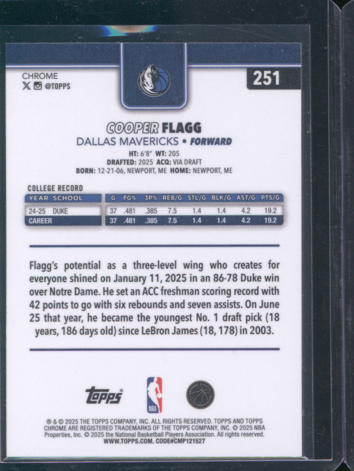 2025 Topps Chrome 251 Cooper Flagg Base RC