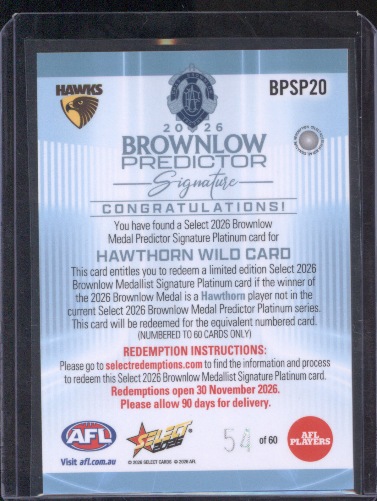 Hawthorn Wild Card 2026 AFL Select Footy Stars Hobby Brownlow Predictor Platinum Signature BPSP20 54/60
