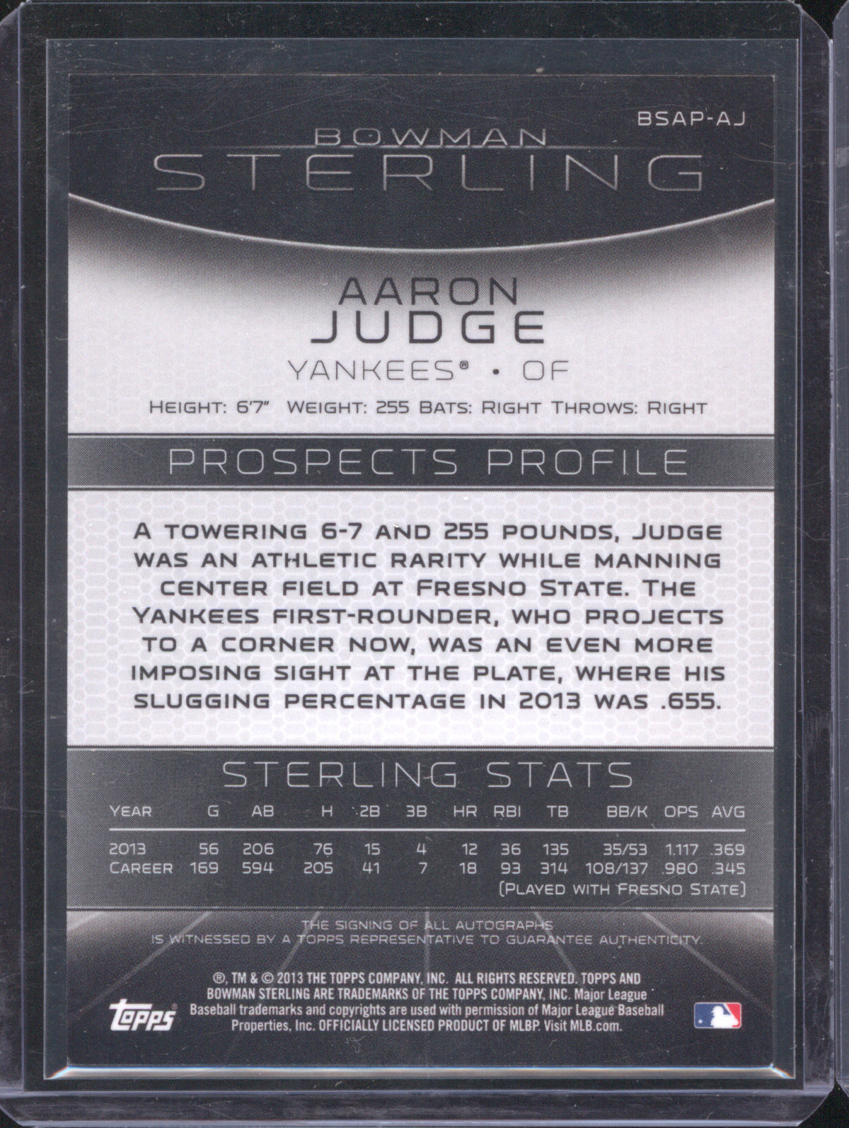 Aaron Judge 2013 Bowman Sterling BSAP-AJ Prospect Auto