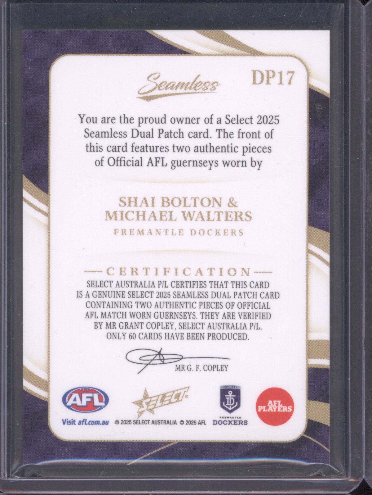 2025 AFL Select Seamless Dual Patch Shai Bolton, Michael Walters Fremantle 06/60