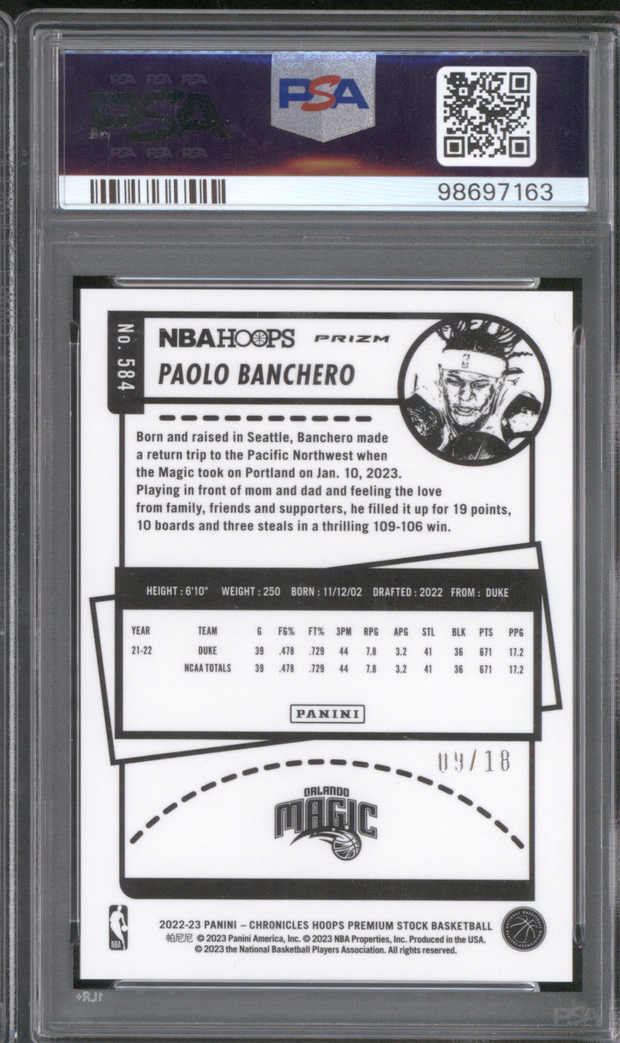 Paolo Banchero 2022 Panini Chronicles #584 Asia Jade 09/18