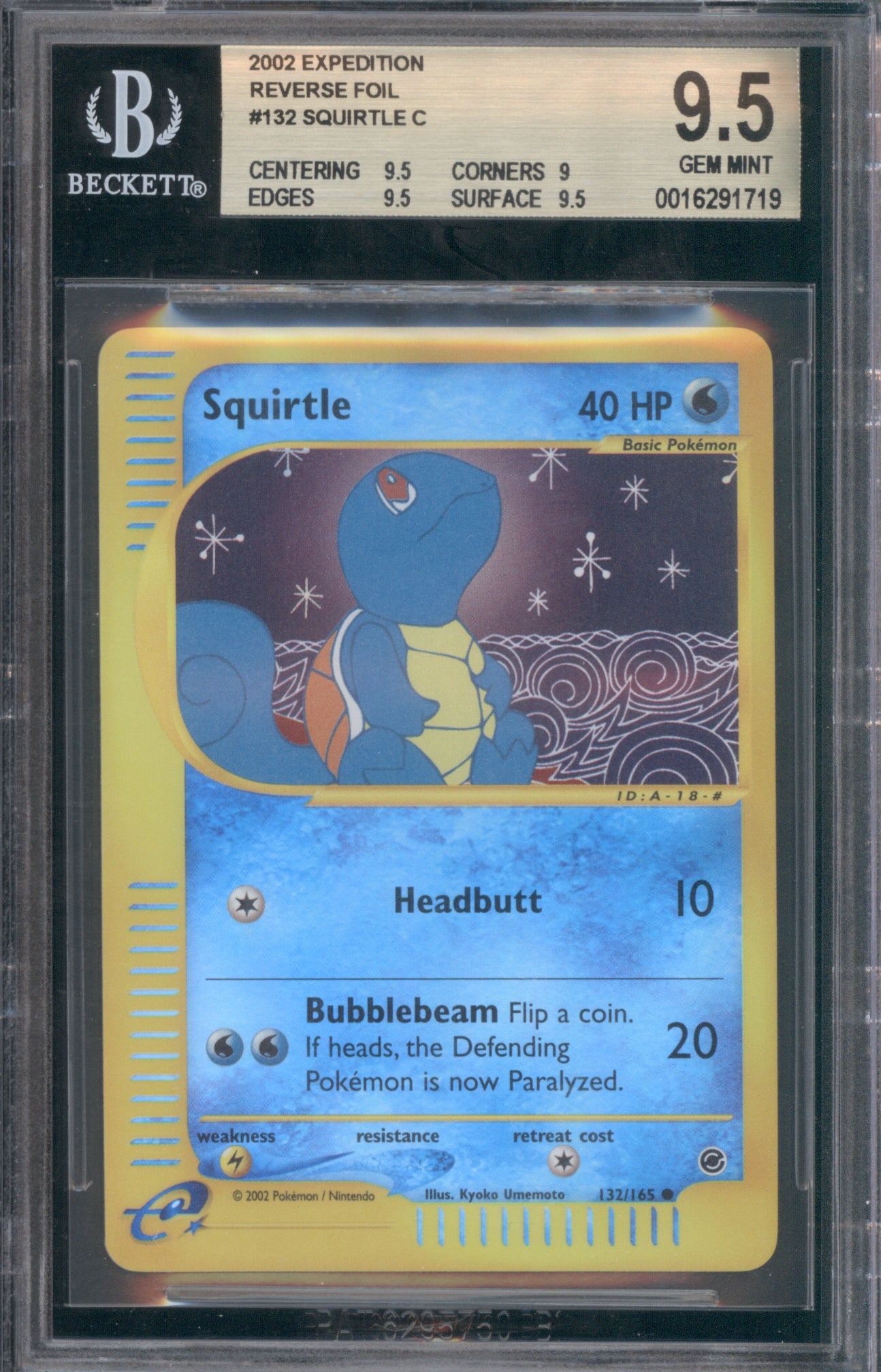 Squirtle 2002 Pokemon Expedition 132/165 Reverse Foil BGS 9.5 ASR