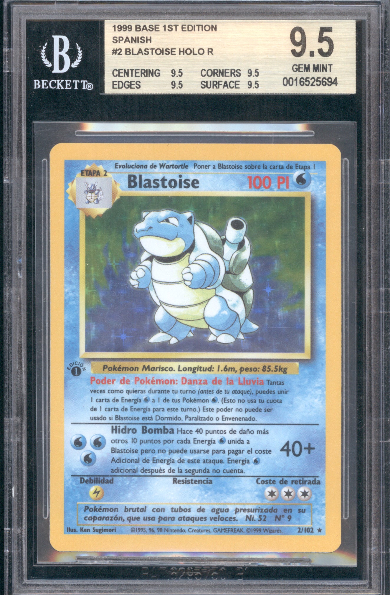 Blastoise 1999 Pokemon Spanish Base Set 1st Edition Holo BGS 9.5 ASR