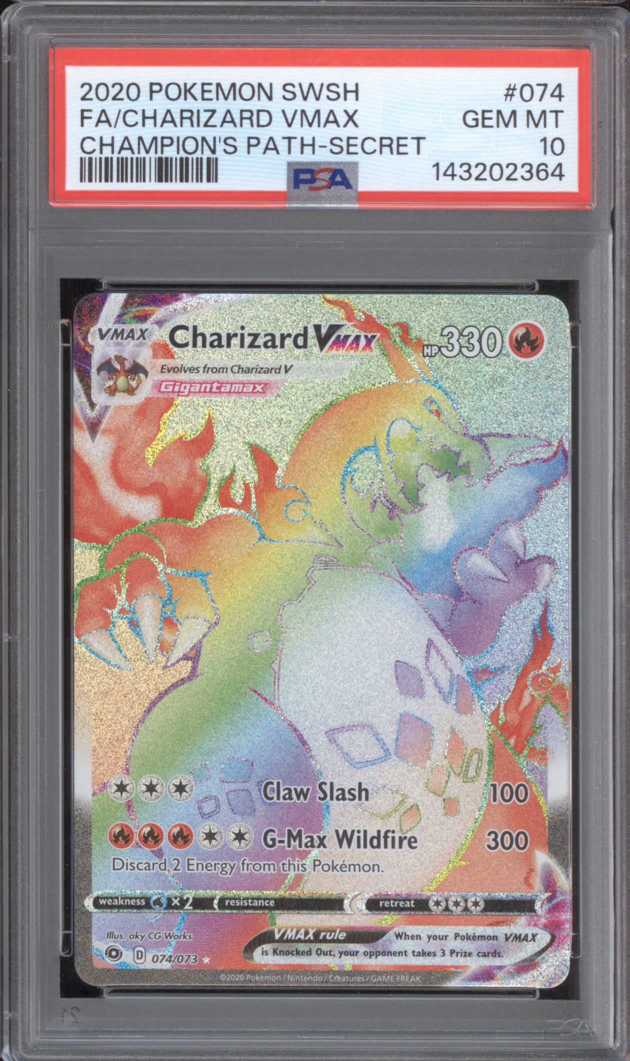 Charizard VMAX 2020 Pokemon Champion's Path 074 Secret Rainbow PSA 10