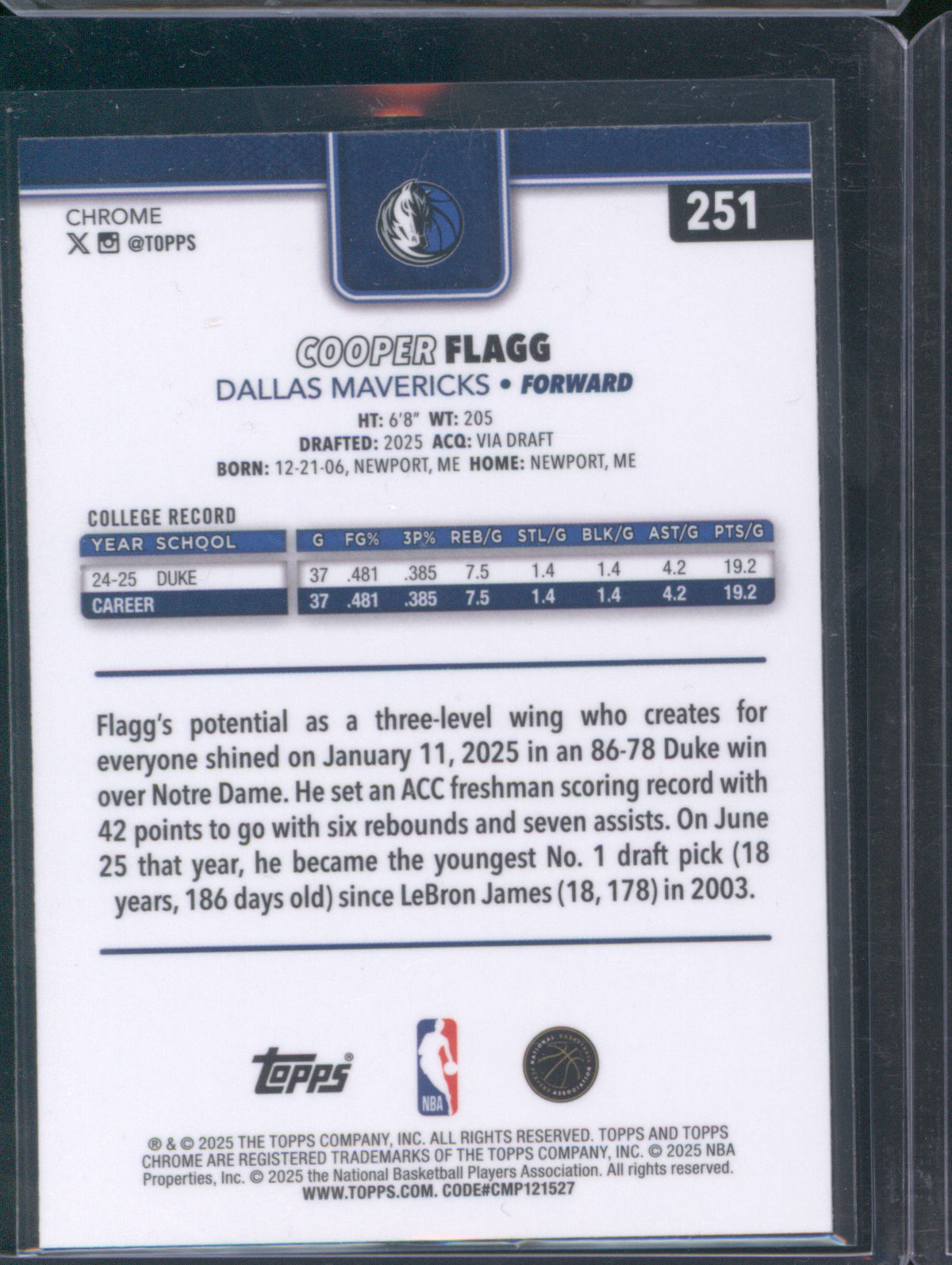 2025 Topps Chrome 251 Cooper Flagg Base RC