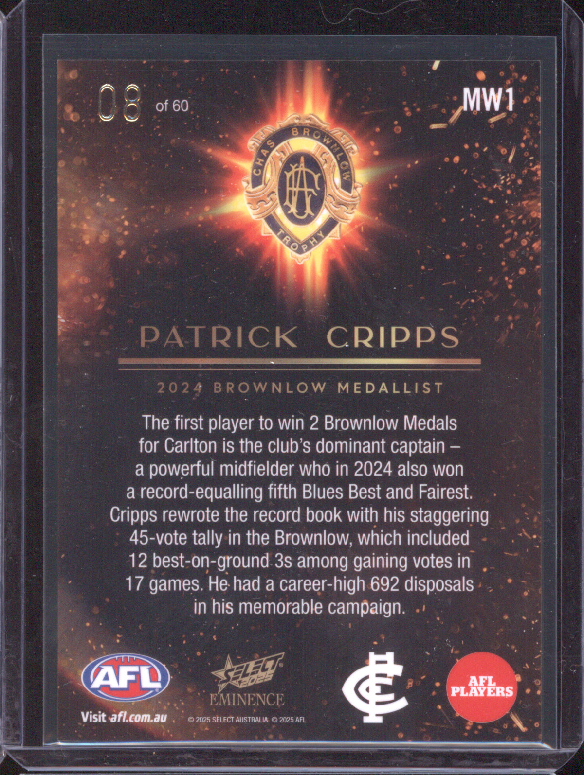 Patrick Cripps 2024 AFL Select Eminence Medal Winners MW1 Low 08/60