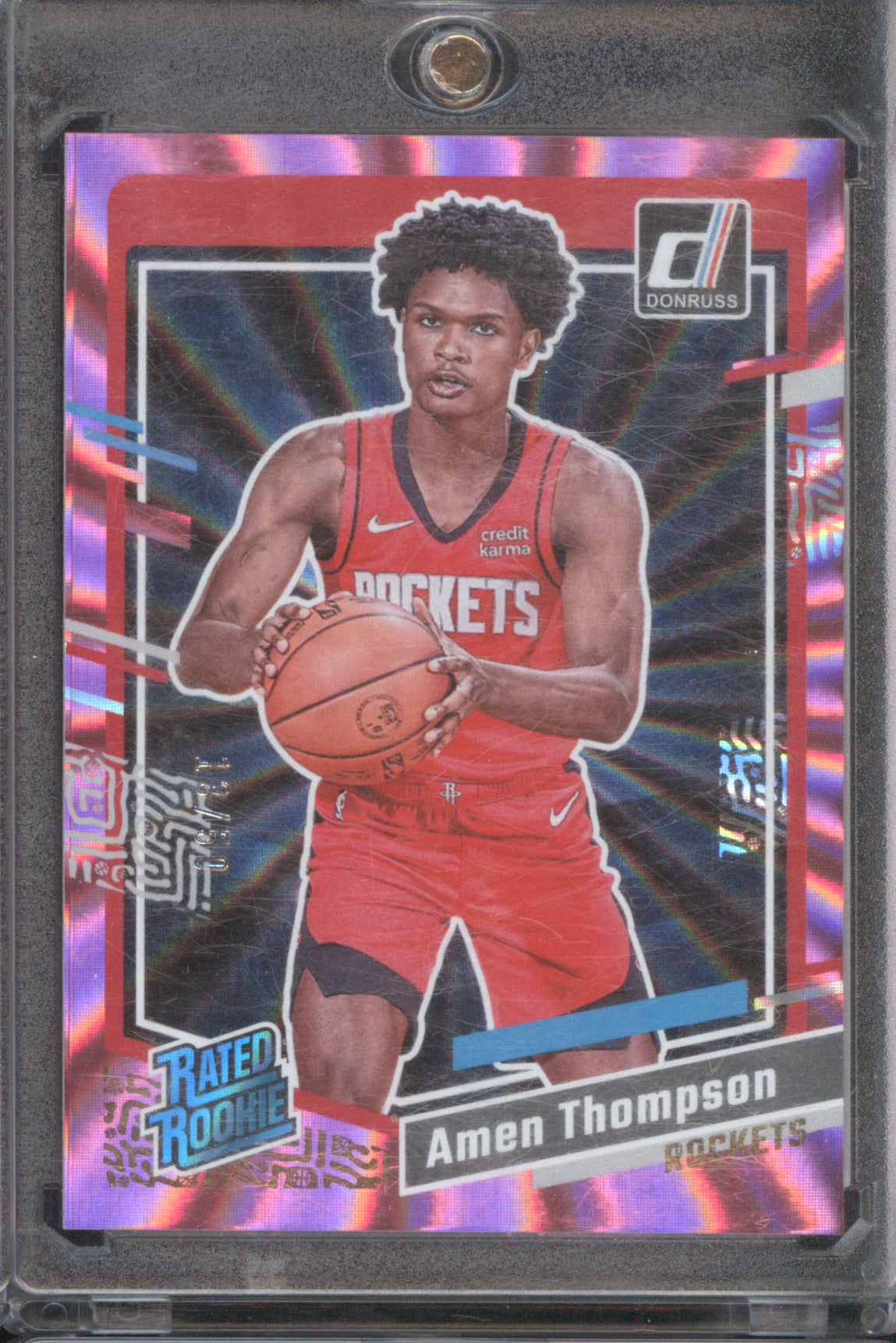 Amen Thompson 2023 Panini Donruss #206 Rated Rookie Pink Laser 13/50
