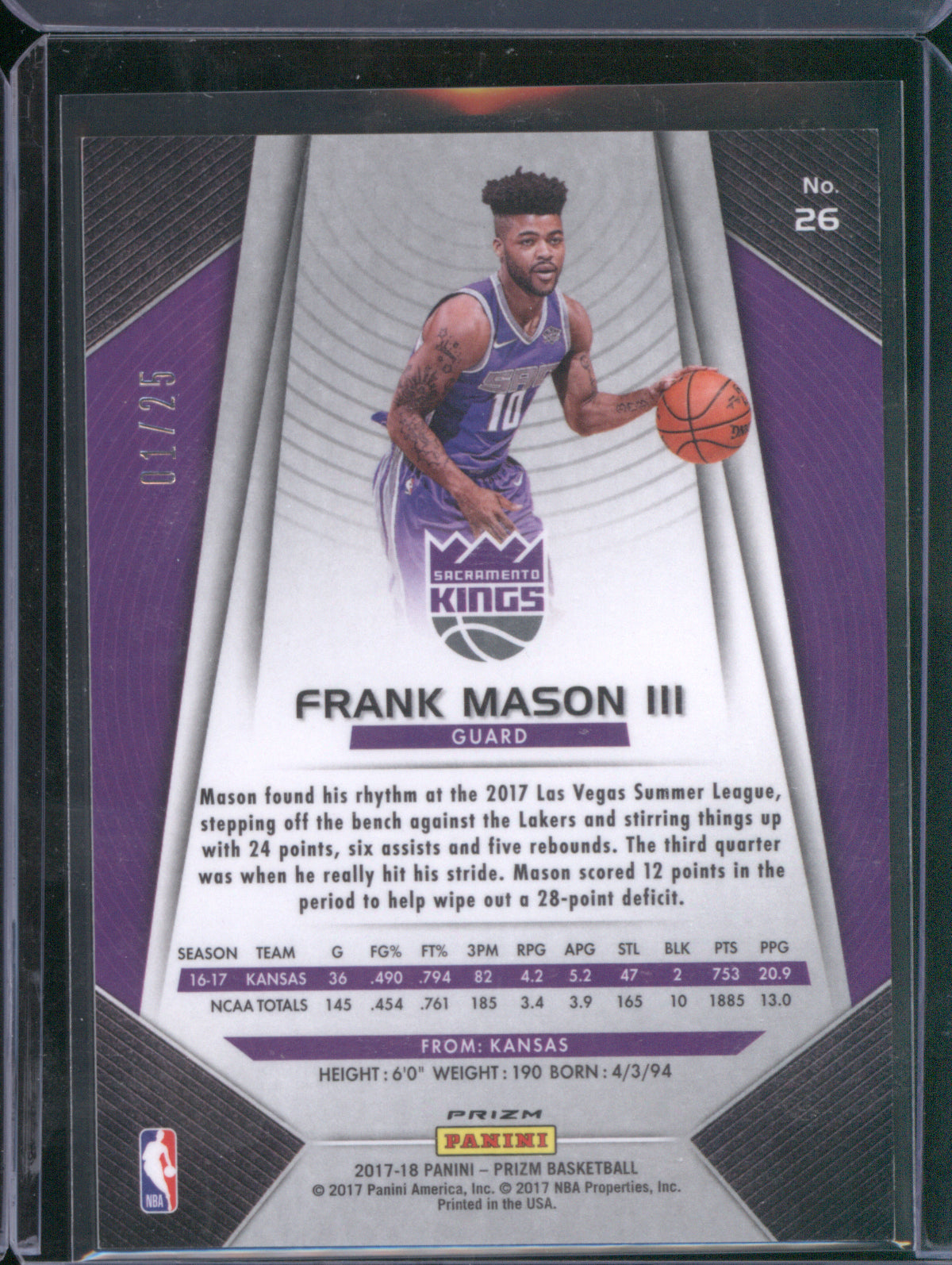 2017 Panini Prizm 26 Frank Mason III Mojo 01/25 RC