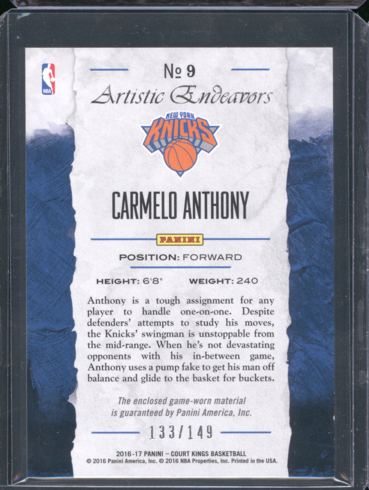 2016 Panini Court Kings Artistic Endeavors Carmelo Anthony SP 133/149