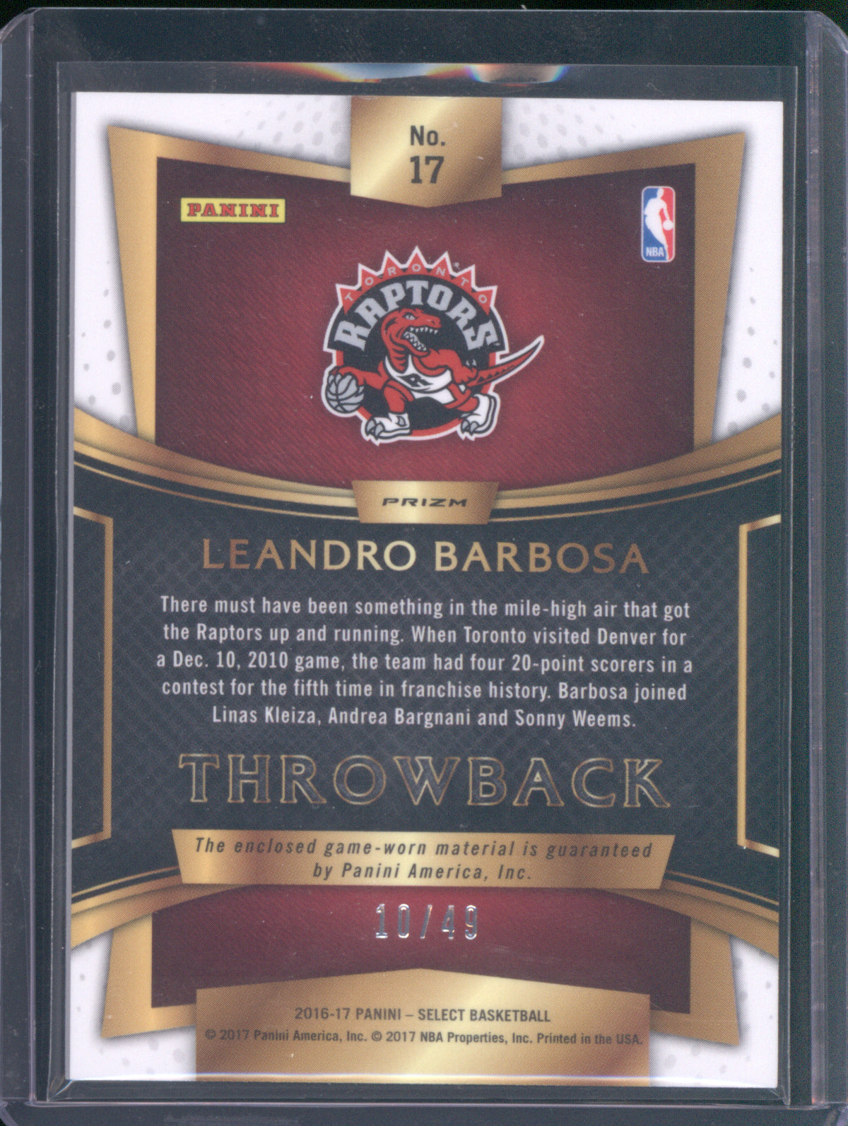 2016 Panini Select 17 Leandro Barbosa Copper Throwback Patch 10/49