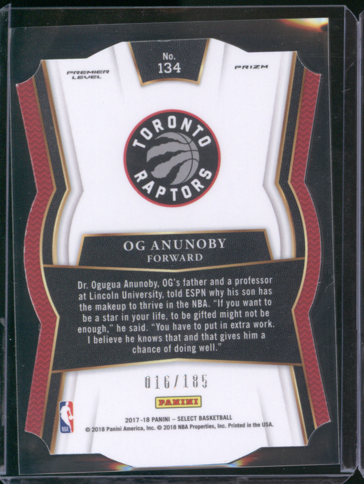 2017 Panini Select Select 134 OG Anunoby Light Blue Premier 016/185 Die-Cut RC