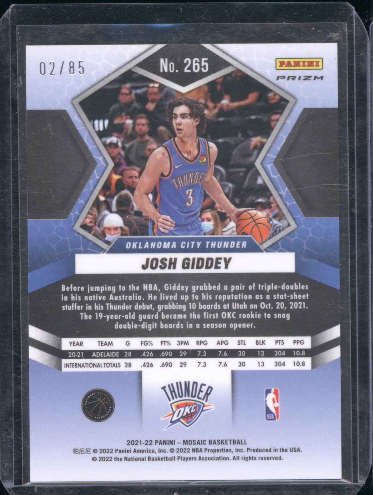 Josh Giddey 2021 Panini Mosaic #265 NBA Debut Fast Break Blue 02/85