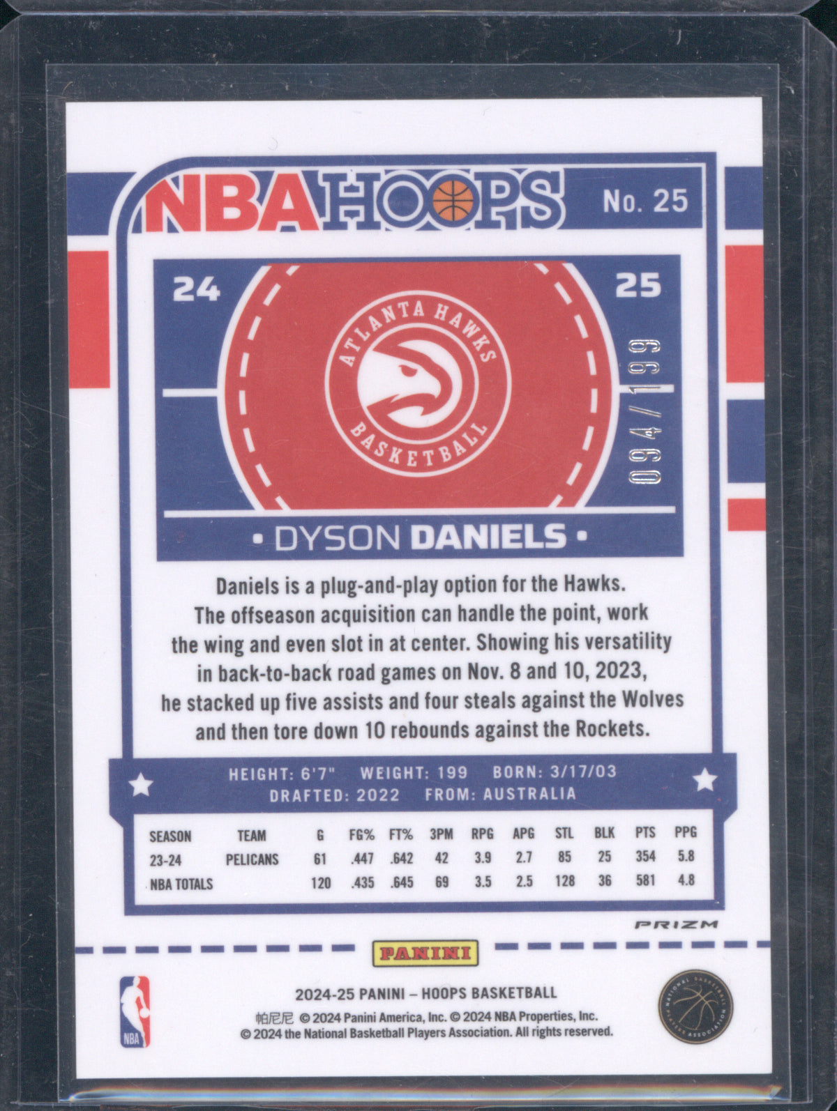 Dyson Daniels 2024 Panini NBA Hoops #25 Orange Premium 094/199